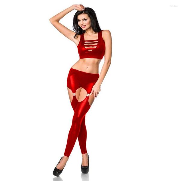 Vêtements de scène grande taille nouveauté dames danse Costume Sexy découpé bretelles sans manches haut court taille basse creux jarretière maigre Leggings