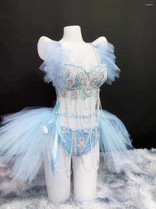 Stage Wear Pole Dance Bikini Costume Bar Discothèque DJ Gogo Sky Blue Mesh Perle Perles Soutien-Gorge Court Ensemble Club Party Show Performance