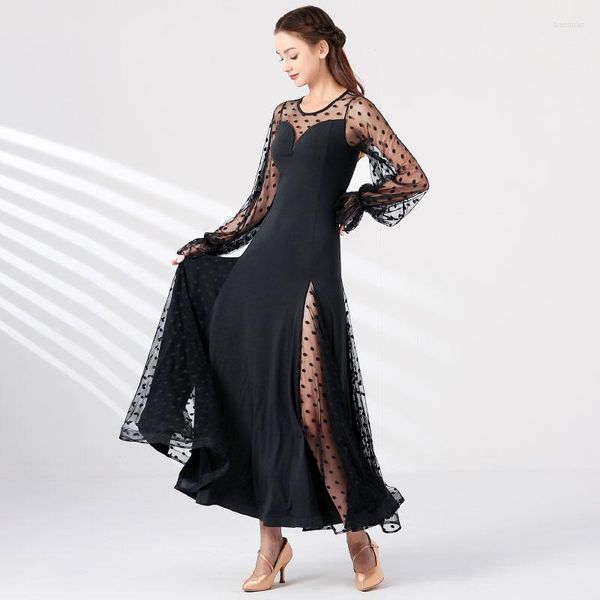 Stage Wear Polka Dots Standard Robe De Danse De Salon Femmes Noir Élégant Costume De Danse Valse Flamenco Tango Robes YS3891