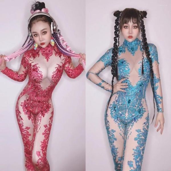 Desgaste de la etapa Poster Girls Blue Stones Jumpsuit Gala See Through Beads Party Birthday Prom Ball Sexy Women Rhinstone Playsuit