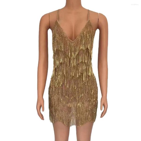 Produit de l'usure de scène 2023 Spaghetti Strap Rhingestone Tassel Latin Dance mini robe de soirée Robe de soirée sexy sans arrière-anniversaire Club de fête d'anniversaire