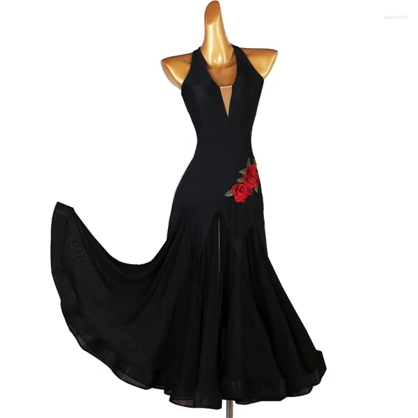 Etapa desgaste profesional salón de baile vestido de competencia diseño adulto simple vals falda de baile mujeres negro vestidos de baile estándar