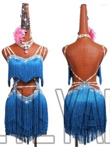 Stage Wear Professional Latin Dance Competition Performance -jurk met Sea Blue Tassel Short Open Taille Sparkling Diamond Rok