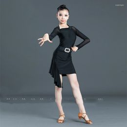 Stage Wear Professional Latin Dance Dress for Girls Rok Black Tops Split Fishbone Competition Jurken SL2267