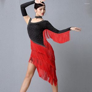 Stage Draag Professionele Latin Dance Dress met Fringe Dames Ballroom Competition Clothing Sexy onregelmatige strass Tassel DL4710
