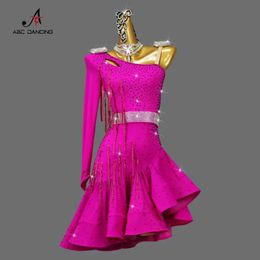 Stage Wear Professional Red Latin Dance Competition Come Sexy Adult Women Midi Dress Ballroom Kleding Girls Custom Party Rok Wear Cha Y240529