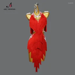 Escenario desgaste profesional rojo baile latino flecos falda corta vestido de competencia ropa sexy para mujeres práctica de salón promoción samba