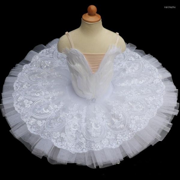 Stage Wear Professional Tutu Ballet Platter Jupes Dentelle Plume Paillettes Blanc Swan Lake Show Danse Du Ventre Performance Costume Robe