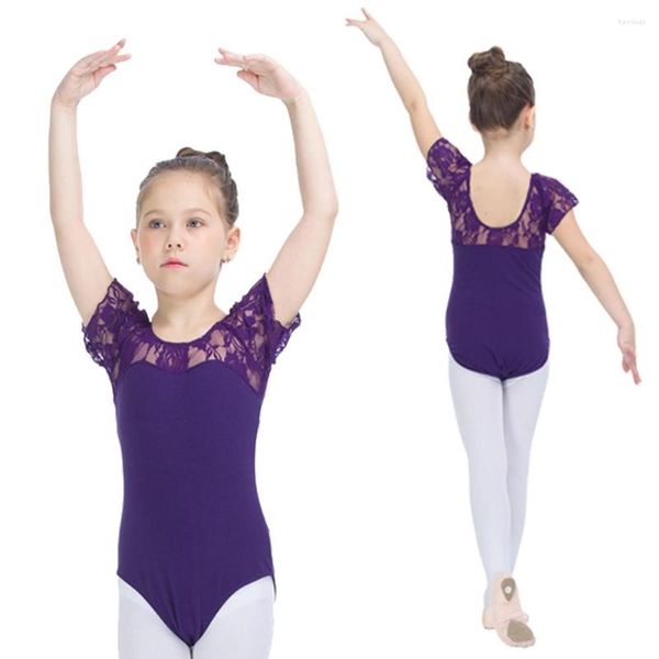 Stage Wear justaucorps de Ballet violet coton/Lycra avec dentelle autour des épaules pour enfants filles pratique body de gymnastique