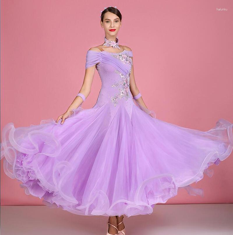 Sahne Giyim Mor Balo Salonu Dans Elbise Yetişkin 2023 Modern Vals Dans Etek Kısa Kollu Standart Elbiseler Kadın