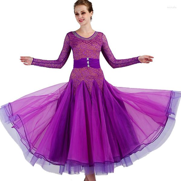 Stage Wear Robes de danse de salon violet Dentelle Robe de danse standard Junior Mq090