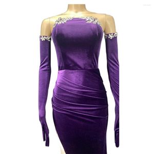 Stage Wear Purple Chest Wrapping Crystal Rhinestones Swan Velvet Gloves Sexy Women Split Long Dress Evening Wedding Clothing Dance Costumes