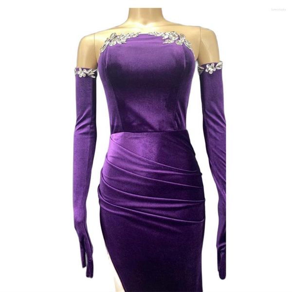 Stage Wear Violet Poitrine Emballage Cristal Strass Cygne Velours Gants Sexy Femmes Split Robe Longue Soirée De Mariage Vêtements Costumes De Danse