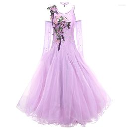 Vêtements de scène violet fée longue femmes robes de danse de salon frange Foxtort Costumes Rumba robe de bal valse robe de bal