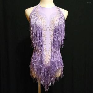 Stage Wear Purple Frestes sprankelende strass Backless Bodysuit Mouwloze Rompers Theatrical Costume Women Nightclub kostuums