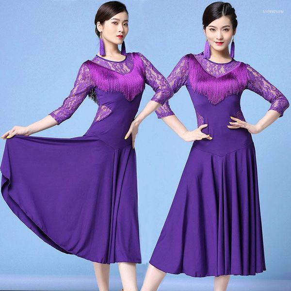 Vêtements de scène violet dentelle une pièce concours de danse latine robes modernes femmes Salsa Samba robe franges Costumes