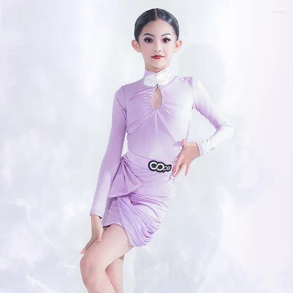 Stage Wear Purple Latin Dance Competition Robe Enfants ChaCha Danse Vêtements Tango Ballroom Pratique Filles Performance Outfit YS5157