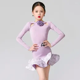 Portez une robe de danse latine violette pour les filles tenue de performance à manches longues jupe body rumba salsa chacha Dancing vêtements vdb8054