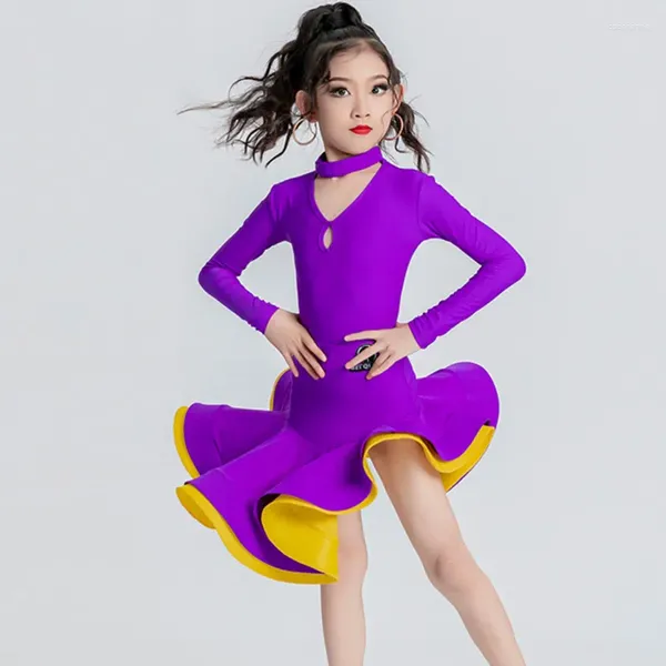 Stage Wear Robe de danse latine violette pour filles, compétition ChaCha Tango, vêtements modernes deux pièces Rumba Samba pratique VDB7451