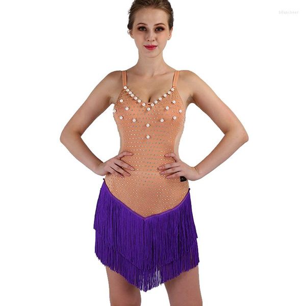 Desgaste de la etapa Vestido de baile latino púrpura Disfraces de mujer sexy Sin mangas Salón de baile Salsa Cha Rumba Tassel Firnge