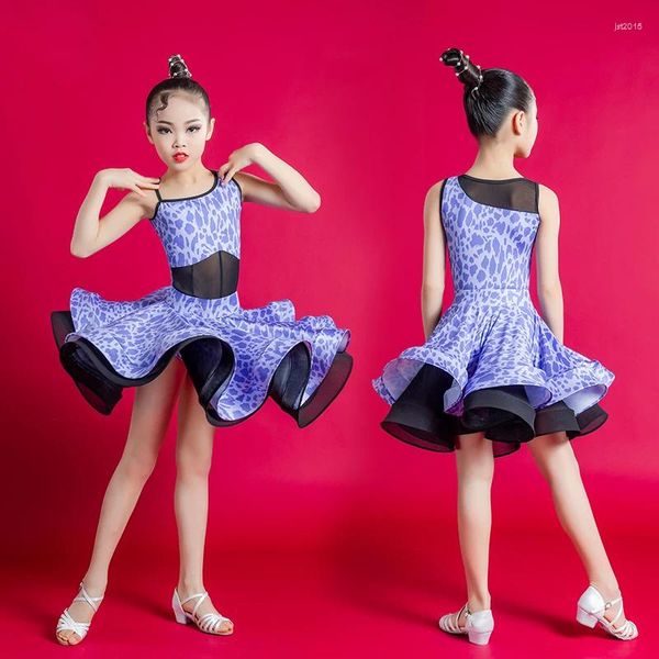 Etapa desgaste púrpura leopardo vestido de baile latino niñas faldas de baile niños salón de baile vestidos de competición traje dividido SL7178