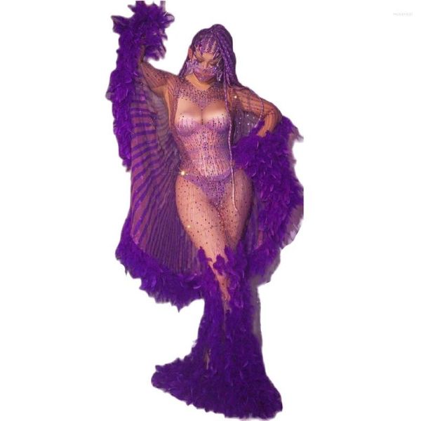 Escenario desgaste púrpura Rhinestone pluma transparente vestido largo capa traje mujeres cumpleaños fiesta de noche vestidos de fiesta pasarela traje