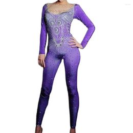 Stage Wear Violet Strass Motif Impression Combinaison Serrée Maille Gaze Dos Nu Barboteuses Personnalité Performance Costume Dames Danse