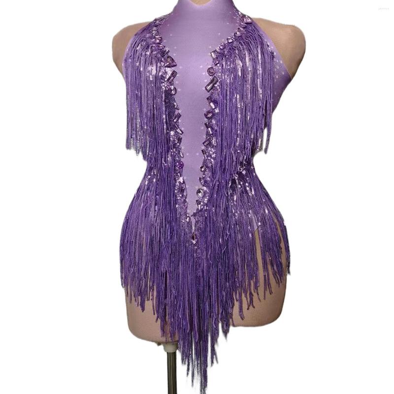 Stage Wear Purple Tassel Leotard Jazz Dance Costume One-piece Sparkly Crystals Fringes Bodysuit Dancer Performance Show Clothing