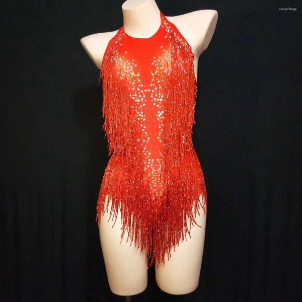 Stage Wear Rouge Dos Nu Sexy Brillant Strass Femmes Gland Bodys Pole Dance Costume De Bal Discothèque Bar Vêtements Rave Tenues