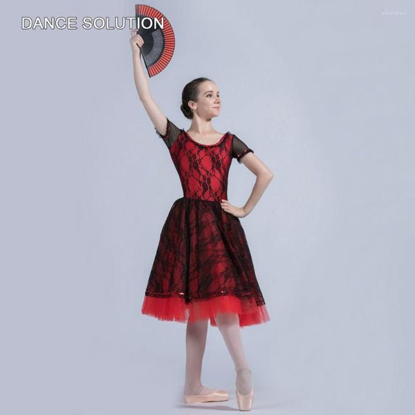 Vêtements de scène rouge Ballet Tutu robe superposition dentelle noire Costumes à manches courtes pour femmes filles Performance Dancewear 20018