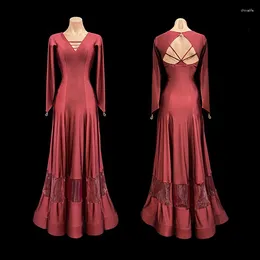 Bühnenkleidung Rotes Ballsaal-Tanzkleid Langarm-Wettbewerb Sexy rückenfreies Abschlussball-Walzer-Tanzkleid Tango-Performance-Kostüm YS4874