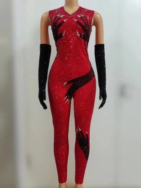 Stage Wear Rouge Noir Plein Strass Body Soirée Anniversaire Célébrer Sexy Stretch Combinaison Gants Tenue Danse Performance Costume