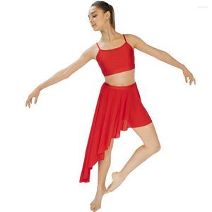 Etapa desgaste camisola roja baile cultivo top malla asimétrica faldas largas rendimiento ropa de baile conjuntos 13 colores niños tamaños adultos