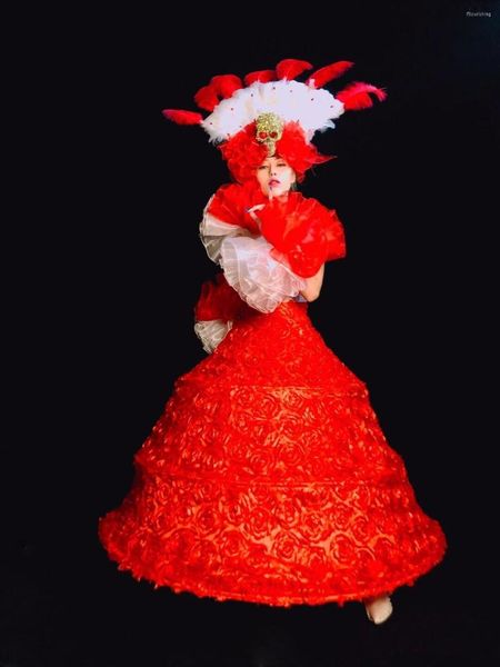 Stage Wear Red Dance Dress Rose Skull Headgear Women Cosplay Party Show Costume