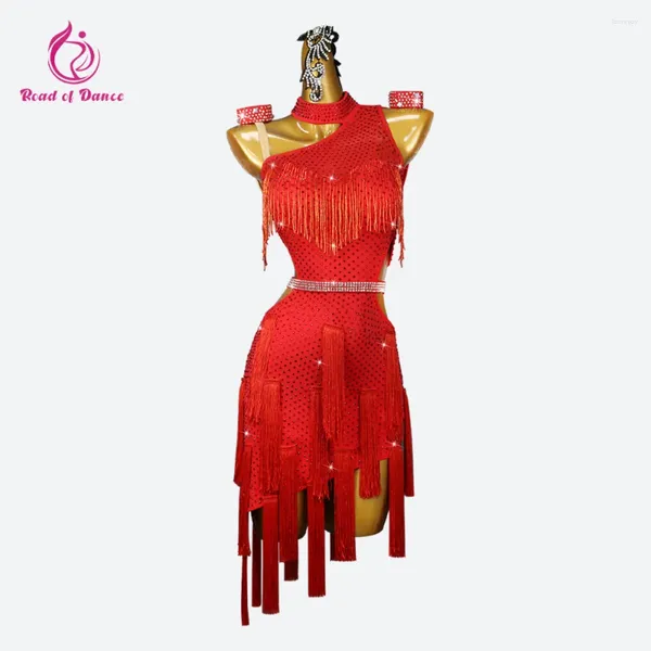 Jupe de danse de danse rouge de la scène Latin Sress Ball Frdged Clothes American Girl Midi Women Sex Suit Practice Elegant Party Formal Dancewear