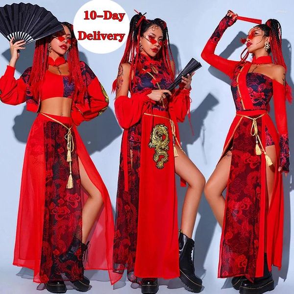 Stage Wear Festival rouge Tenues Hip Hop Vêtements pour adultes Costumes de danse Gogo Style chinois Performance de jazz pour femmes