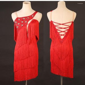 Stage Wear Robe de compétition latine à franges rouges strass cristal Danc femme Salsa Gatsby S-XXXL 346