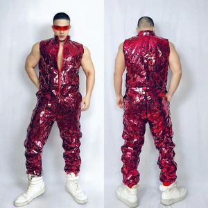 Stage Wear RED Laser Mirror Barboteuses Muscle Man Club Costume Paillettes Combinaison Hip Hop Dancer Team Street Dance Show