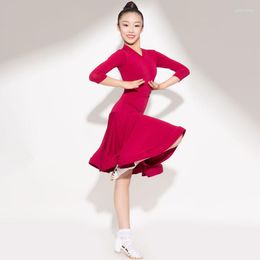 Vêtements de scène rouge compétition latine robes Standard pour filles manches longues Costume de danse de salon Modren 2023 JL1364