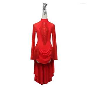 Stage Wear Robe de compétition professionnelle de danse latine rouge sexy jupe courte sans bretelles pour femmes vêtements de pratique de salle de bal fille 2024