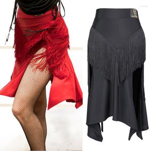 Stage Wear Jupe de danse latine rouge pour dames / femmes / adultes frange ouverture ourlet Rumba Flamenco Costume noir professionnel