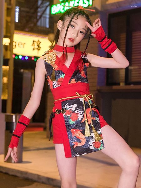 Vêtements de scène Tenues rouges Costumes de danse jazz de style chinois pour filles Hip Hop Vêtements de spectacle de fête d'anniversaire