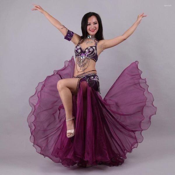 Scène Porter Rouge Violet Blanc 6 Couleurs Oriental Femmes Adulte Danse Du Ventre Ensemble Inde Costume Costume Soutien-Gorge Ceinture Longue Jupe Performance Vêtements