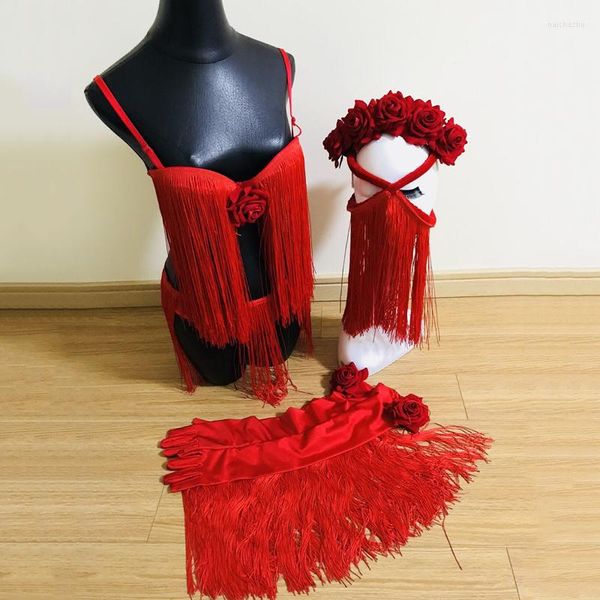 Desgaste de la etapa Red Rose Fringe Bikini Sexy GOGO Dancer Costume American Clothing Festival Outfit Tocado Borla Máscara Show 1985