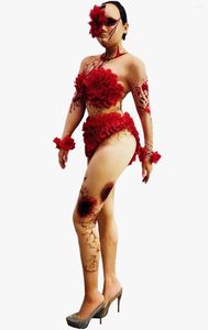 Stage Wear Red Rose Jumpsuit Halloween Cosplay Party Body Fleur Costume Carnaval Discothèque Bar