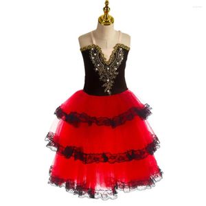 Stage Wear Red Spanish Dress For Adult Girls Long Romantic Ballet Tutu Skirt Soft Tulle Performance Costumes