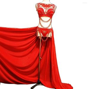 Espoir de la chaîne étincelante rouge Suisseaux Appliques de bikini sets Femmes Femmes Mesh Gauze Long Basing Ladies Nightclub Performance Dance Costume