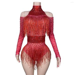 Stadiumkleding Rode Kwasten Vrouwen Strass Body Stretch Dans Turnpakje Kostuum Clubwear Carnaval Rave Festival Cheerleading