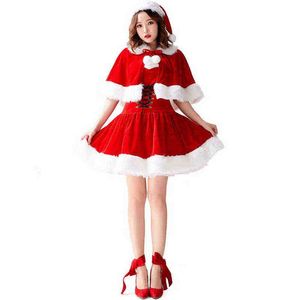 Stage Drag Red Velvet Christmas Jurk met Xmas Shawl Hat Dames Girl Fily Trap Suit Cosplay Santa Claus komen veter omhoog T220901