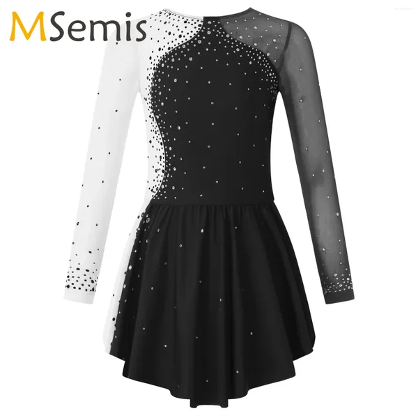 Stage Wear Strass Ballet Gymnastique Justaucorps Robe Enfant Filles À Manches Longues Maille Splice Figure Patinage Sur Glace Performance Costumes De Danse